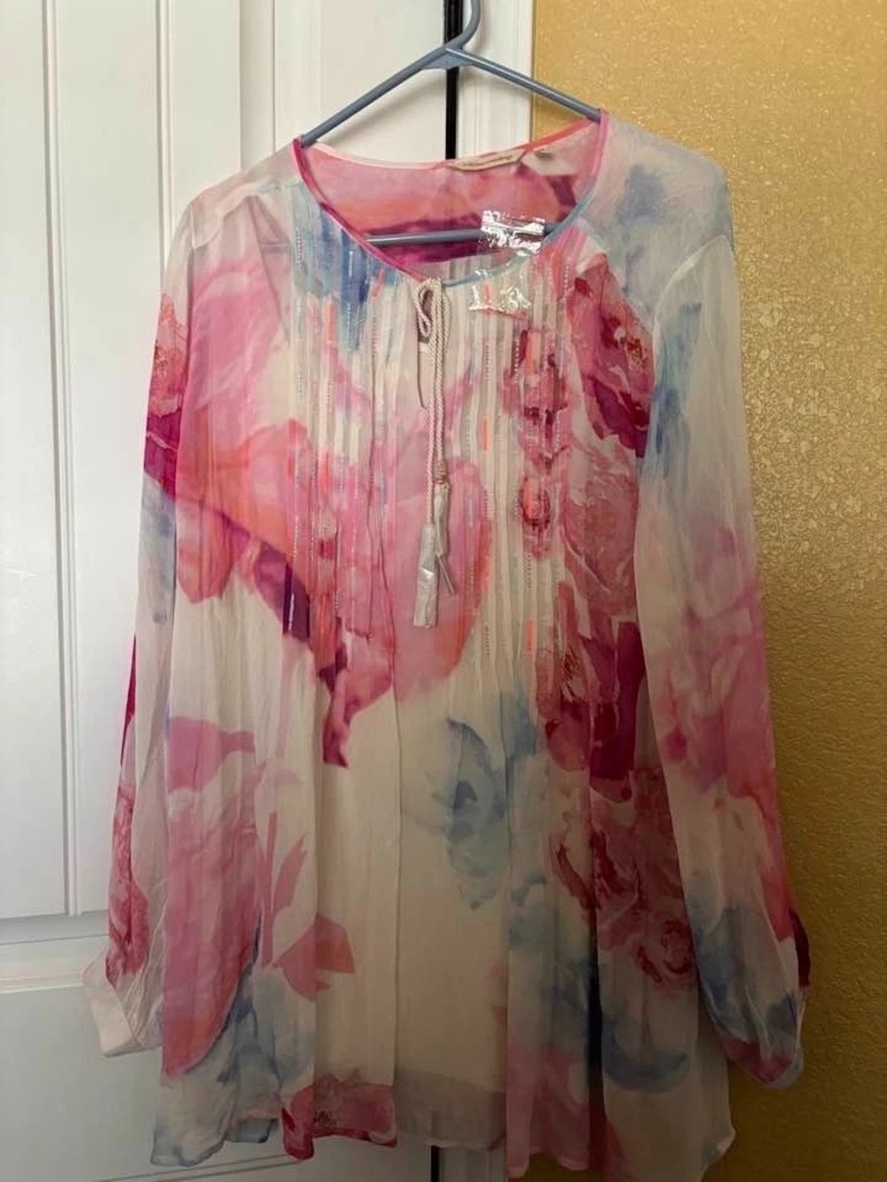 Soft Surroundings Pink & Blue Watercolor Sheer Tie-Neck Blouse